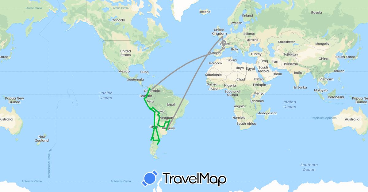 TravelMap itinerary: driving, bus, plane, hiking, boat in Argentina, Bolivia, Chile, Colombia, Ecuador, Spain, France, United Kingdom, Peru (Europe, South America)